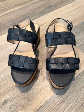 Veronica Beard Black Leather Woven Platform Wedge Sandals Womens 7.5